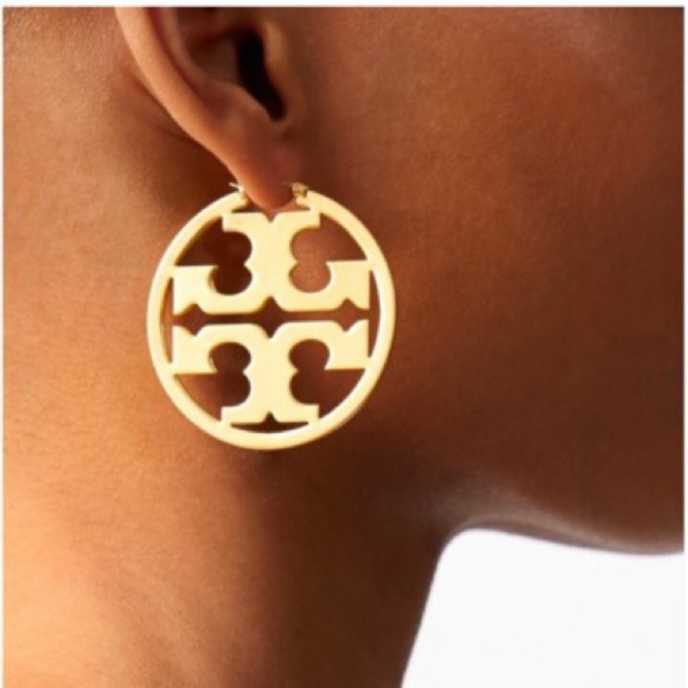 **LAST CHANCE** TORY BURCH Gold LARGE Logo hoop Drop Earrings
